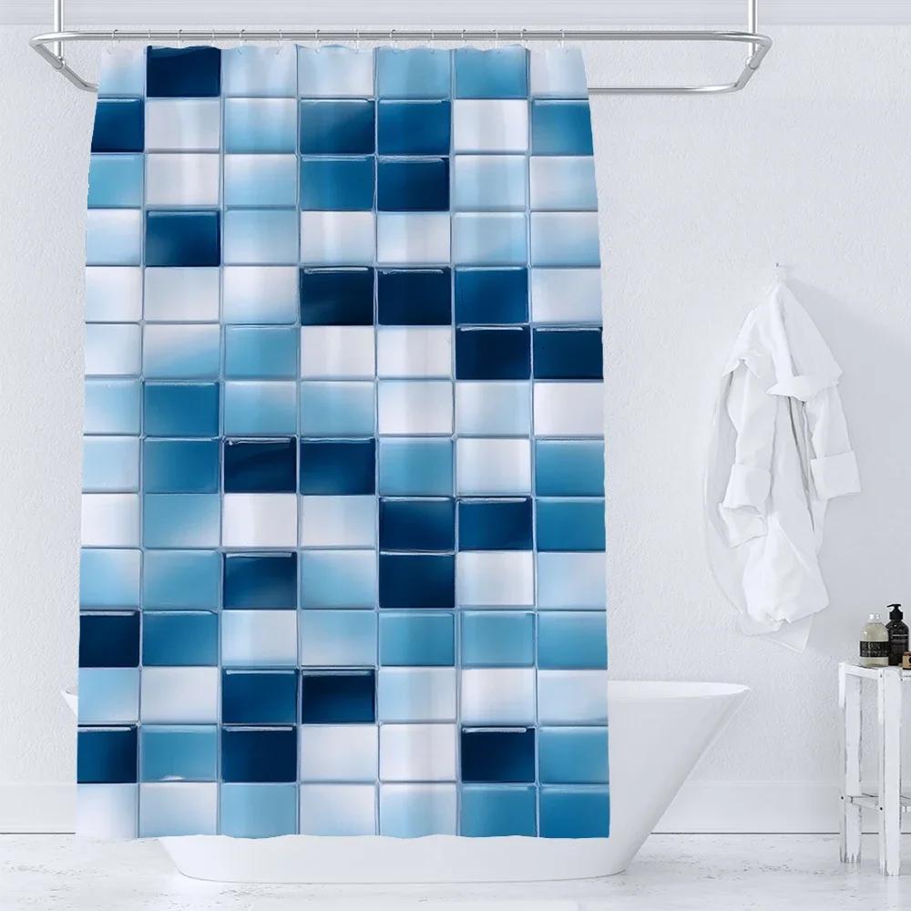 Tende da Doccia con Motivo a Mosaico Blu Tenda da Bagno Impermeabile in Poliestere Geometrica per Bagno Decorazione della Casa Tenda con Ganci