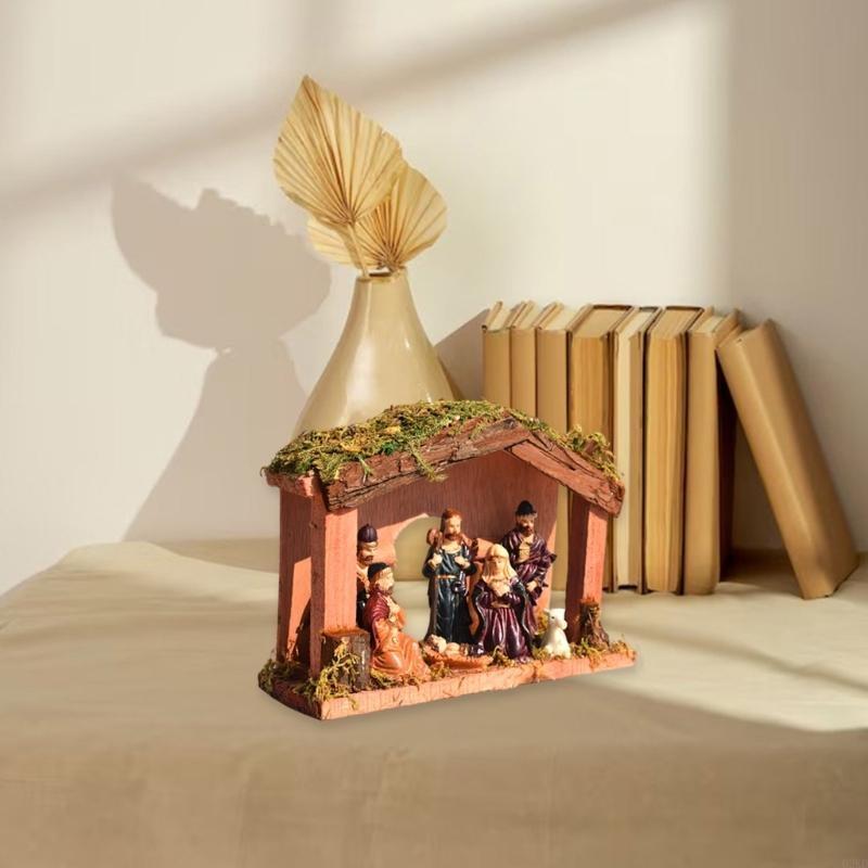 62KD Festive Nativity Manger Scene Resins Birth Statue Figurine Table Decoration for Christmas Celebration