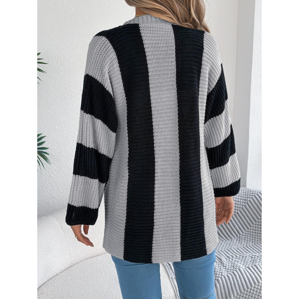 QICED Autumn and Winter Color-blocking Striped Flared Sleeve Cardigan Sweater Mid-length Coat Women's Wear