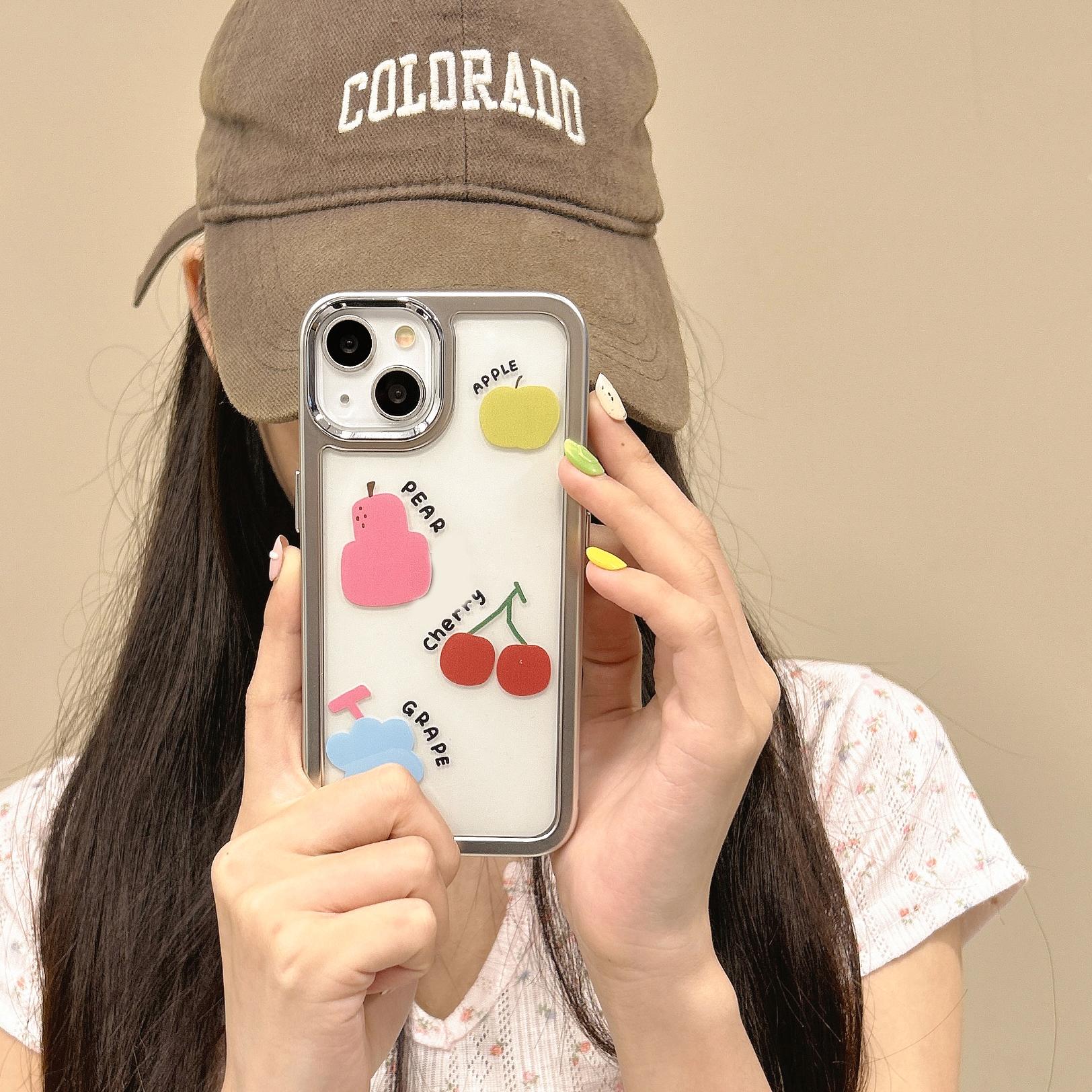 

For iPhone 15 Case Silver Edge Pattern Design PC+TPU Phone Cover Colorful Fruits