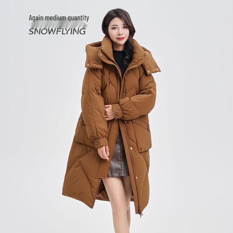 SNOWFLYING Women's Mid-Length Thick Duck Down Jacket with Detachable Hood