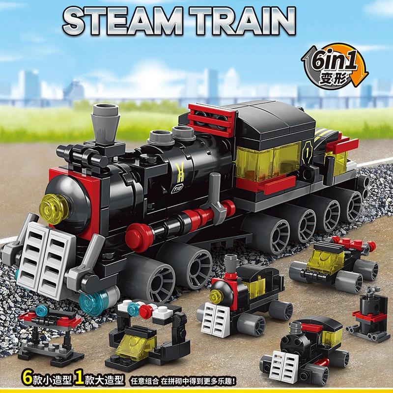 DIY 6 In 1 Train Track Robot Vehicle Truck Building Blocks Kit Girls Bricks Movie Model Kids STEM Educational Birthday Boys Toys