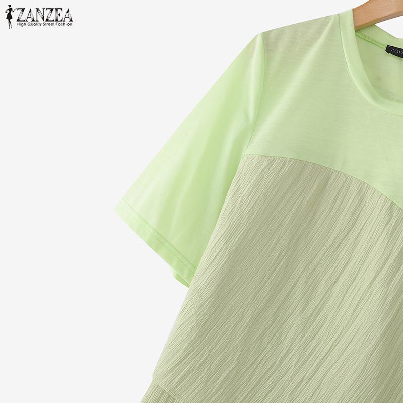 ZANZEA Women Casual Round Neck Short Sleeve Patchwork Irregular Blouse