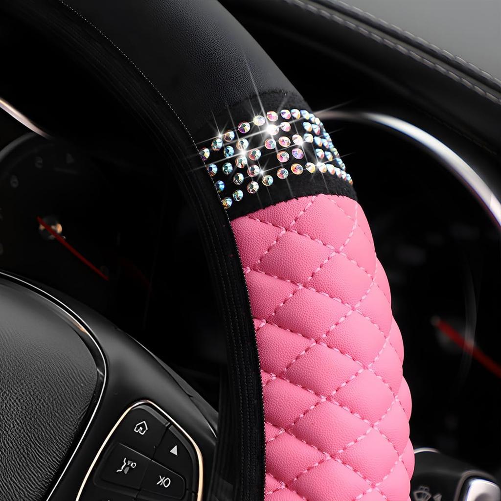 Bling Car Steering Wheel Cover, 15 Inch Rhinestones Soft Leather Elastic Steering Wheel Protector, Sparkly Crystal Diamond For Women Girls, Car