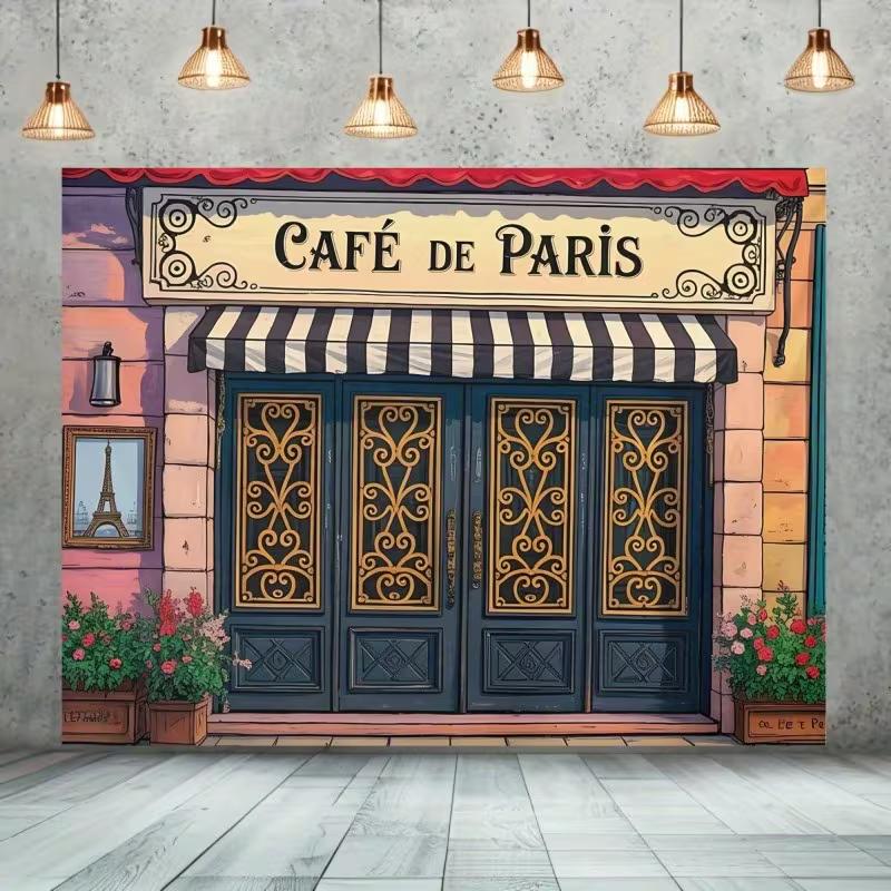 2D Retro French Café Backdrop,  Café de Paris  Facade with Floral Planters Wall Hanging 47.2x31.5inch/120*80cm