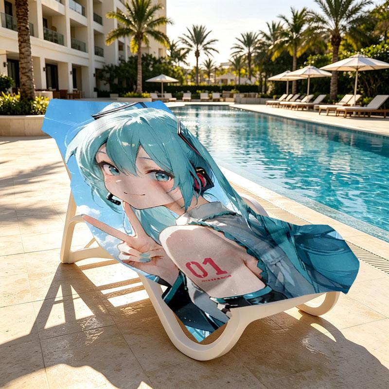 Hatsune Miku Print Beach Towel Design, Soft, Lightweight. for Home Bathroom, Spa, Pool, Yoga, Surfing, Camping, Gift for Family, Friend