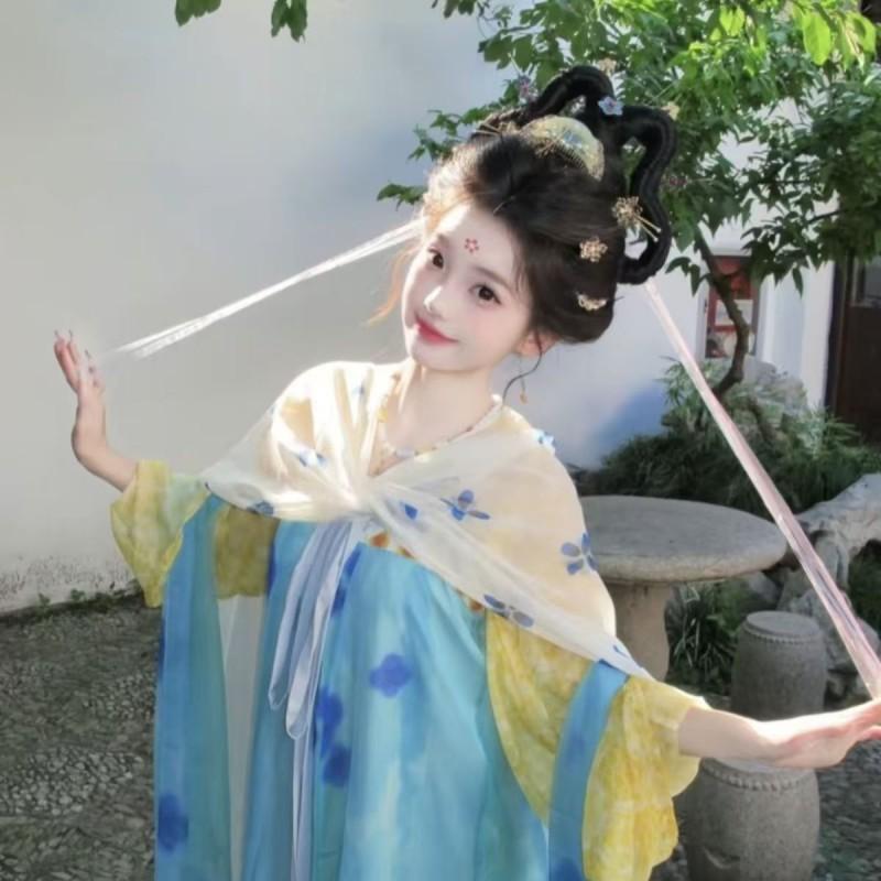 Tang Dynasty Style Hanfu Set With Embroidered Skirt Yellow Top Wrap Daily Wear