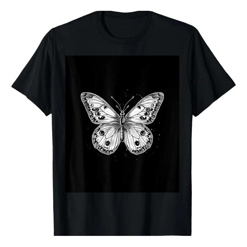 Camiseta Minimalista Con Dise?o De Mariposas En Blanco Y Neg S