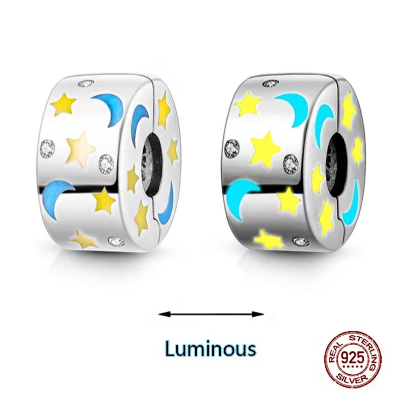 Round 925 Copper Clasp Pave Clip Charms Blue Star Moon Butterfly Slide Safety Chains Spacer Beads Fits Original Bracelet Zircon