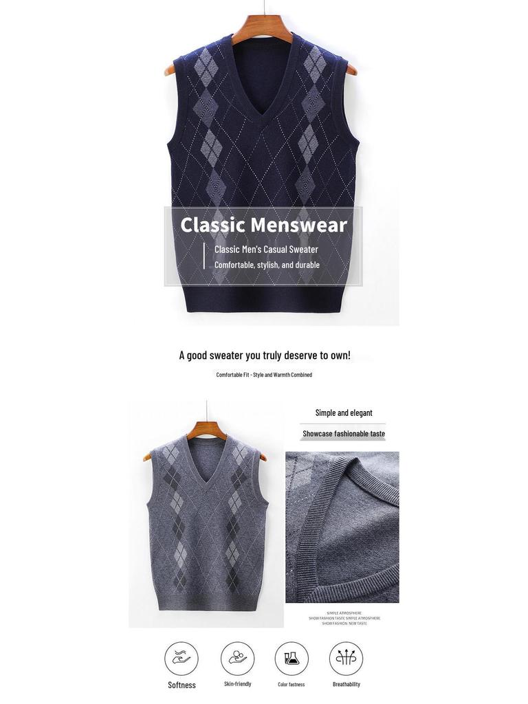 Gilet in Maglia da Uomo con Scollo a V - Spesso, Senza Maniche, Ideale per Mezza Età e Anziani, Perfetto per Autunno e Inverno