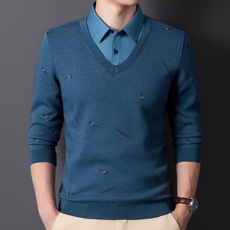 ROMON Men's Faux Two-Piece Wool Silk Blend Patterned Sweater