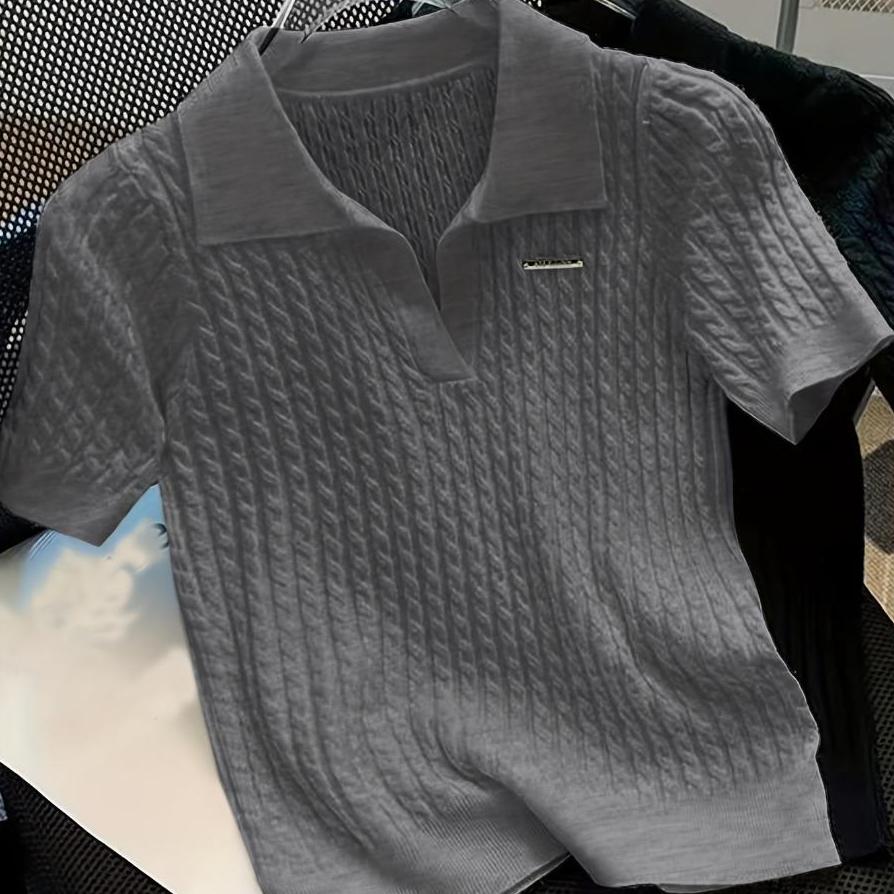 

Temperament Lapel Ice Silk Knit Top Летняя свободная тонкая футболка с короткими рукавами one size серый