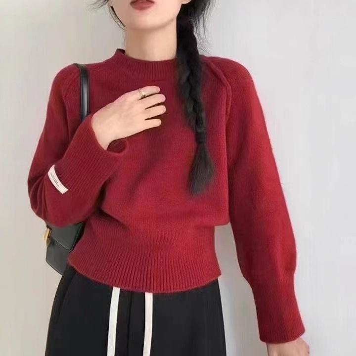 

Однотонный свитер с круглым вырезом, простой женский свитер на осень и зиму, модный высококлассный топ с длинными рукавами, ленивый вязаный свитер для улицы average size 57-61 красный