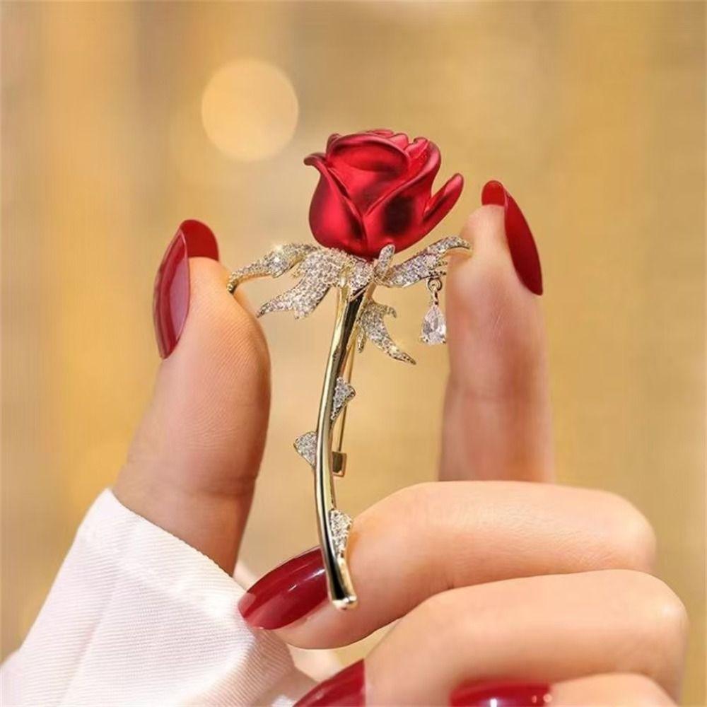 Floral Brooches Rose Brooch Pin Rose Brooch Pin Red Cubic Zirconia Floral Brooches  Womens Suit