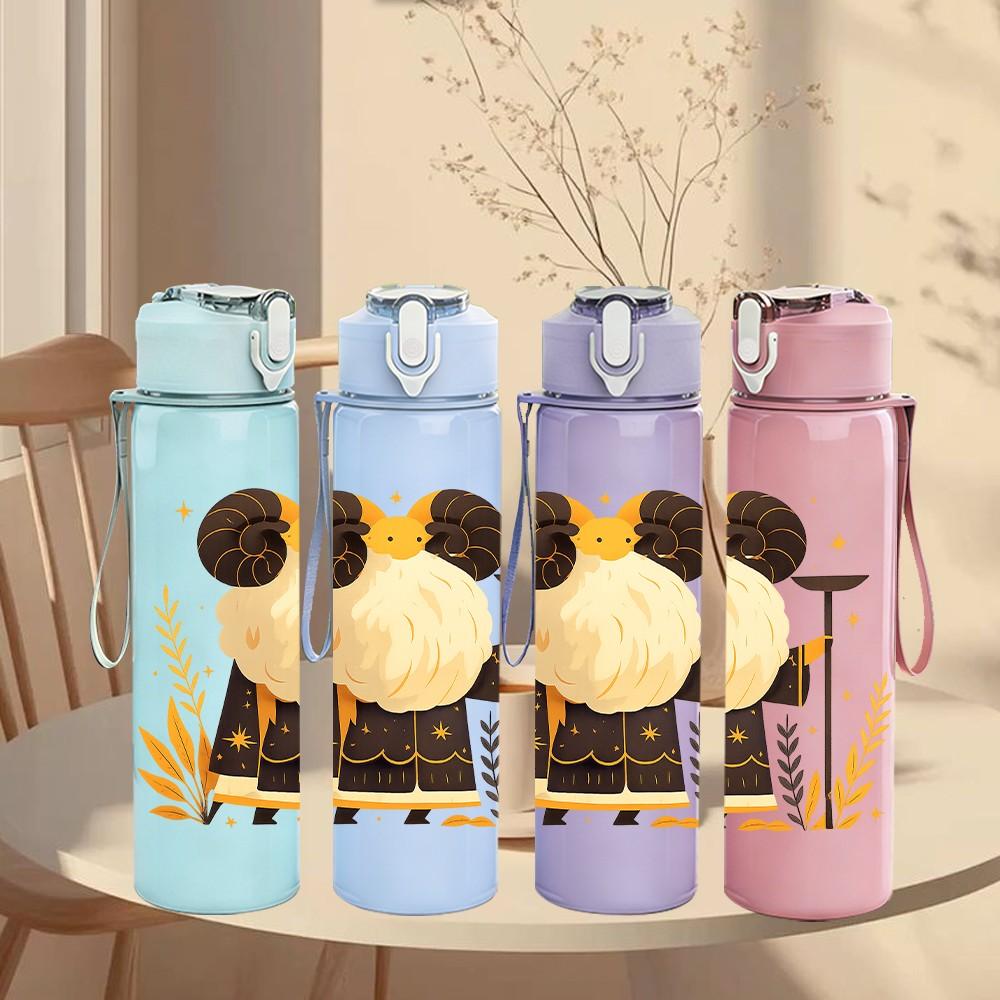 1PC Backpack Bear Cartoon Print 750ml Color Plastic Sports Water Bottle Leakproof Flip Straw Lid Suitable for Sports Office Home Use