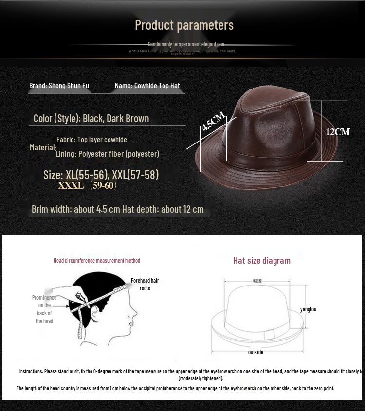Herren Fedora Hut aus echtem Rindsleder, Herbst/Winter, Britischer Gentleman-Stil für mittlere und ältere Jahre