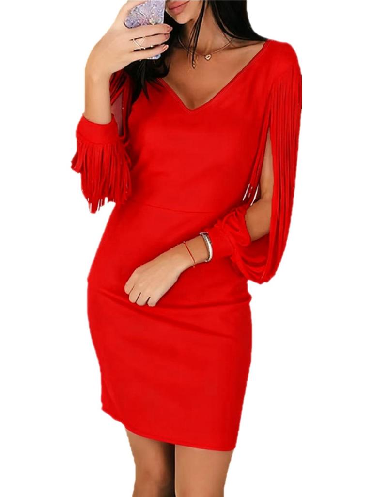 Elegant V-neck Tassel Long Sleeve Bodycon Mini Dress for Women - European & American Style 2026