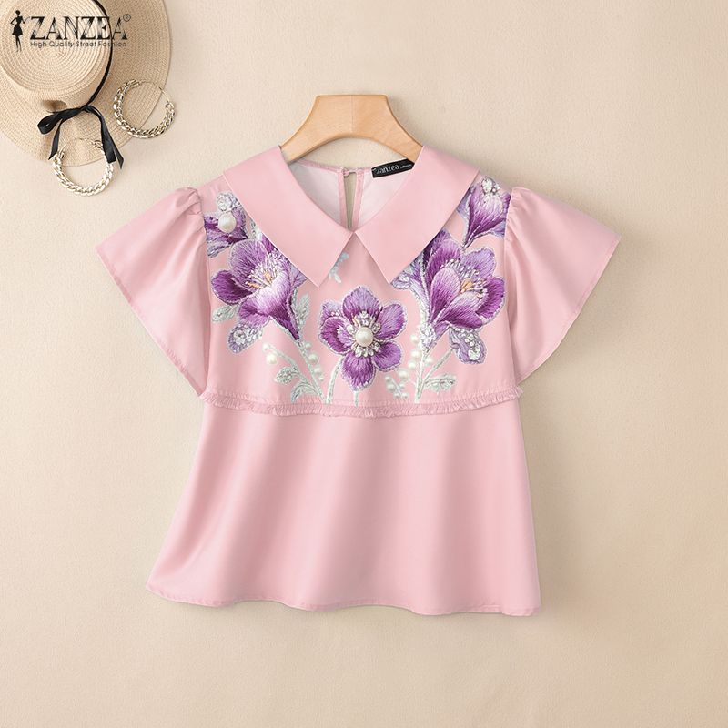 ZANZEA Women Casual Round Neck Loose Short Sleeve Floral Print Blouse