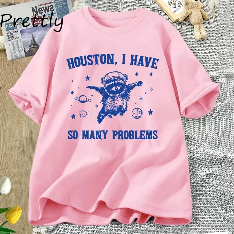 Houston Ich Habe So Viele Probleme T-Shirts Lustiger Waschbär im Weltall Mond Grafik T-Shirts Vintage Baumwolle Kurzarm Damenkleidung