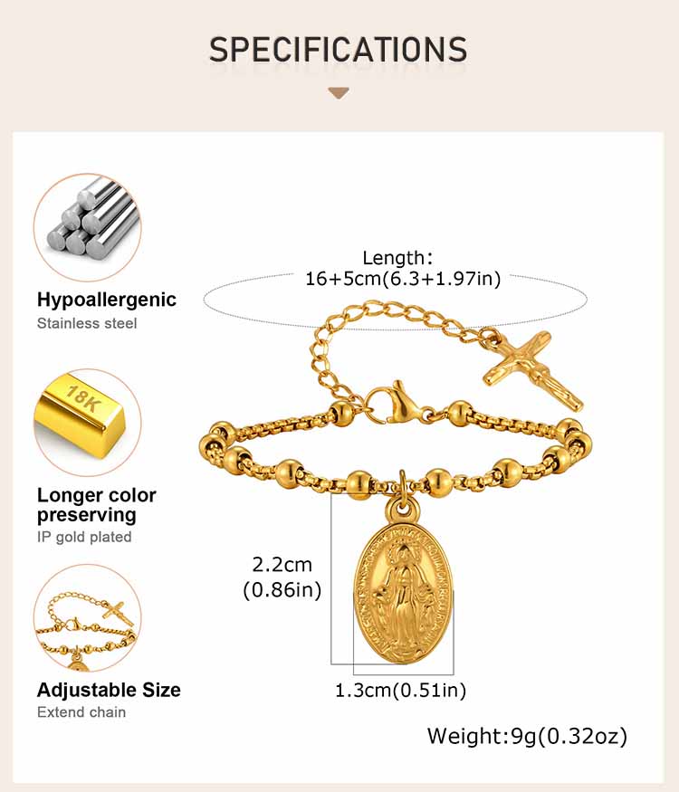 Religious Jesus Cross Rosary Bracelet for Women, Stainless Steel Virgin Mary Charms Bracelets Gold Plated Prayer Jewelry