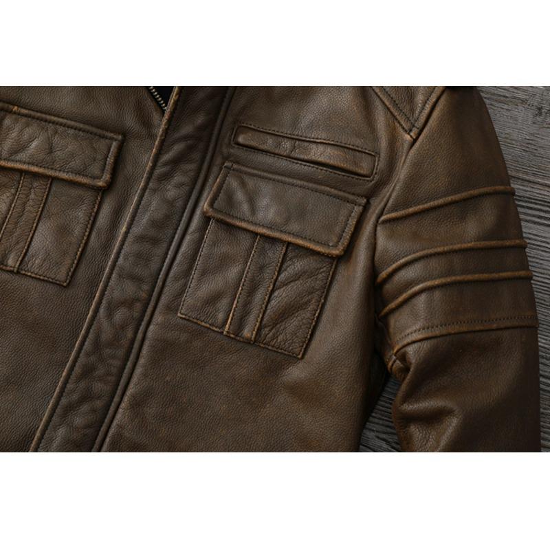 Chinese Size Men Leather Jacket Style Brown Genuine Cowhide Coat Soft Slim Fit Spring Vintage