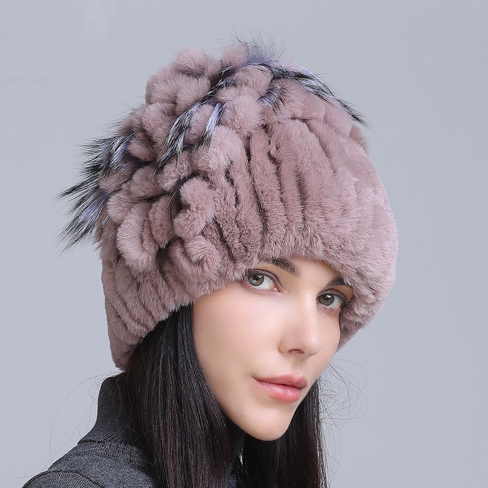 Winter Women's Warm Fashion Thick Wool Hat Rex Rabbit Fur Hat Knitted with Side Flower Hat