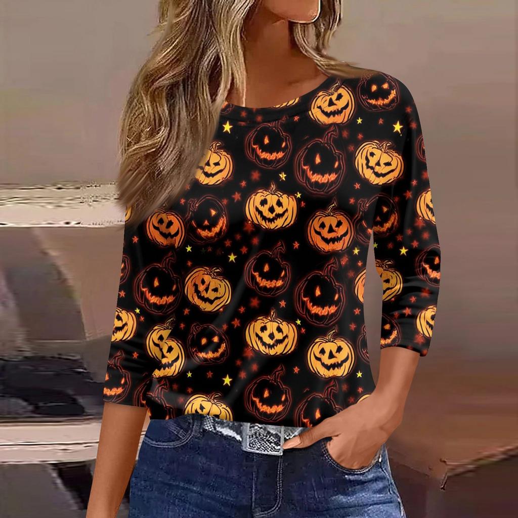Women's Fashion Casual Round Neck 3/4 Sleeve Loose  Printed T-Shirt Ladies Top