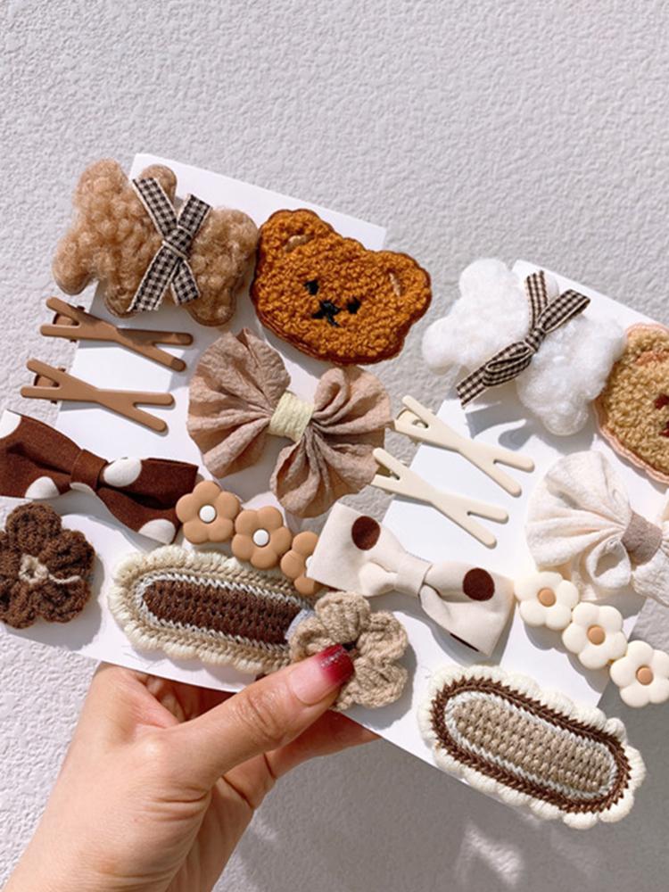 9Pcs/Set Korean Hair Clip Cute Plush Bear Knitting Hair Clips For Girls Bow Flower Hairpins Barrettes Kids Baby Hair Accessories