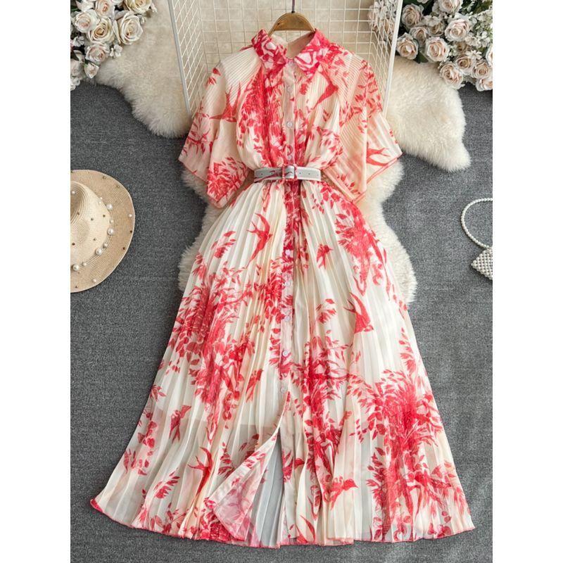 Vintage Single-Breasted A- line Pleated Dress Short Sleeve