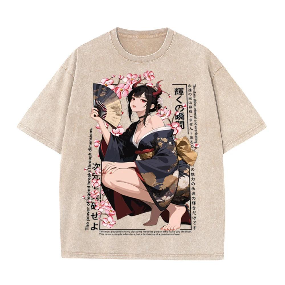 2026vintage Gewaschenes Beige Anime Kimono Mädchen Kirschblüten Grafik T-Shirt Japanischer Stil Druck Übergroß Lässig Kurzarm Tee