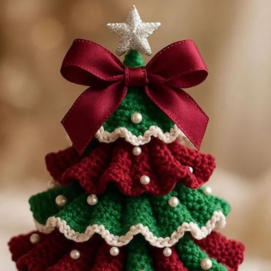 Handmade Crochet Christmas Tree DIY Xmas Tree Crochet Craft Starter Set with Bow And Faux Pearl for Beginners Knitting Holiday Decoration for