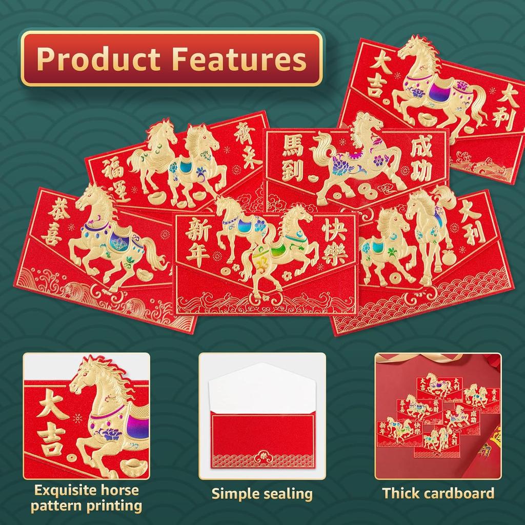 24Pcs Year of the Horse Chinese New Year Red Envelopes 2026 - Ideal for Cash and Co, Lunar Festival Envelope