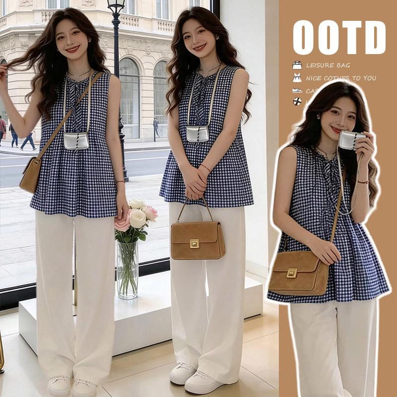 Petite Summer 2026 Sleeveless Plaid Top & Wide-Leg Pants Maternity Set M