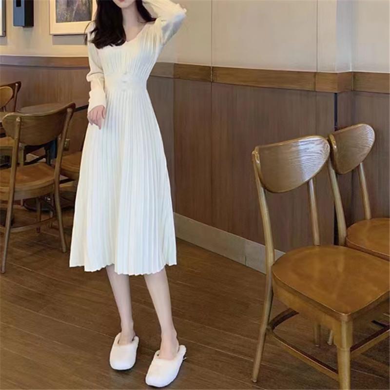 V-neck waist and thin women's dress with coat medium and long autumn and winter new bottoming knitted sweater skirt