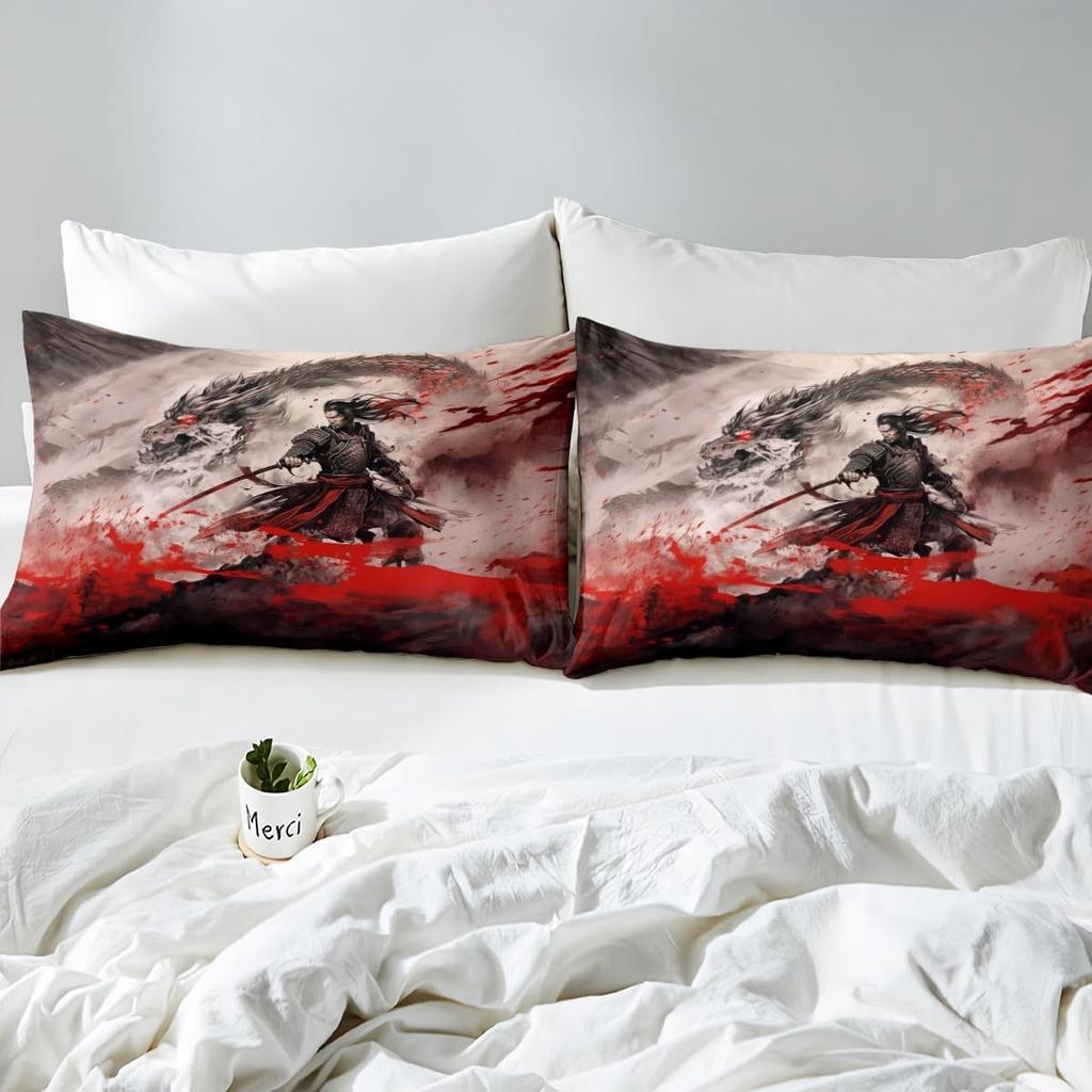 Japanese Ink Style Duvet Cover King Size Samurai Bedding Set With 2 Pillowcases Cool Anime 3D Dark Dragon Quilt