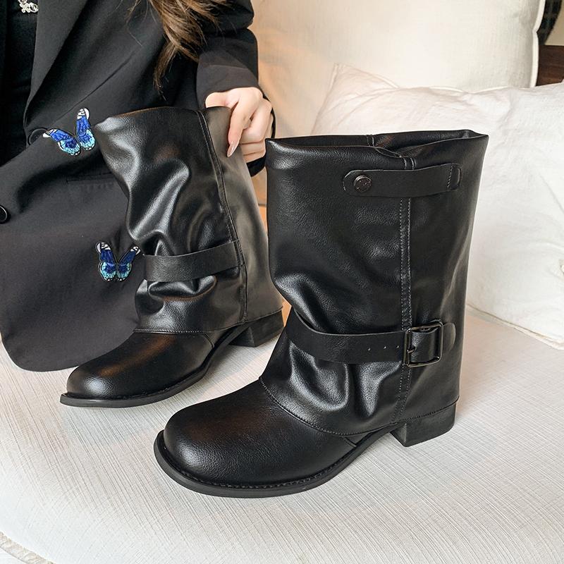 Fashion Pleated Buckle Knight Boots for Women Autumn Brown PU Leather Mid Calf Boots Woman Slip-On Thick Heel Riding Botas Mujer 2025
