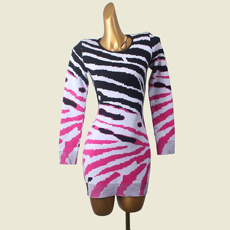 

Color Zebra Stripes Long Sleeves Bodycon Dress Fashion Wind Sexy Long Sleeves round Neck Winter Thermal Dress Picture color S