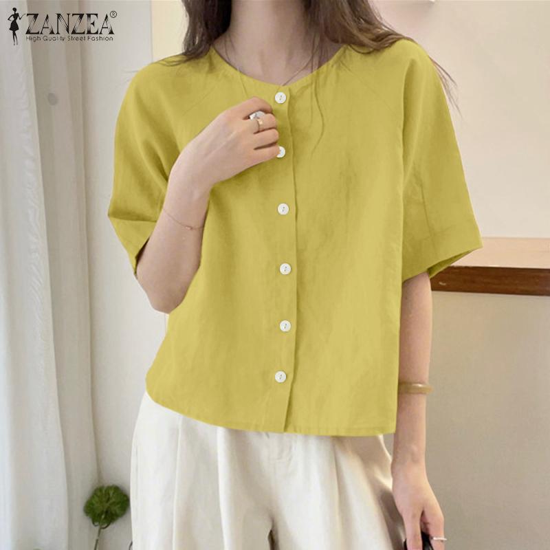 ZANZEA Women Casual Round Neck Loose Summer Half Sleeve Blouse