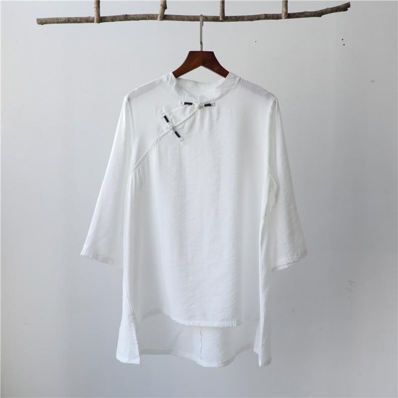 Johnature Women Chinese Style Shirts Tops Stand Long Sleeve Button Summer Solid Color Blouses Loose Shirts