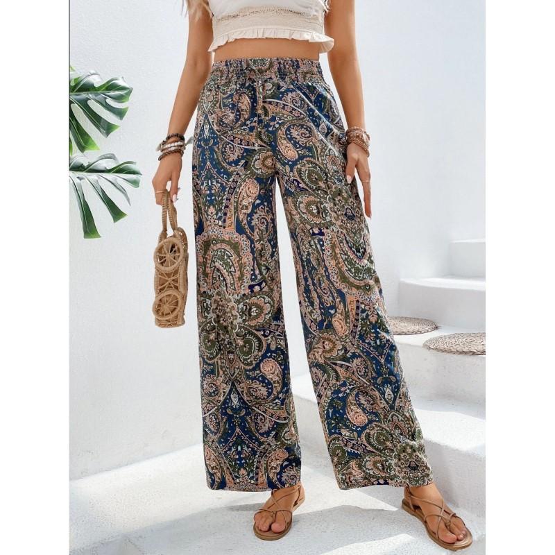 Comfortable Women's Pants Versatile Elastic Waist Wide Leg Pants Fashionable Printed Casual Pants