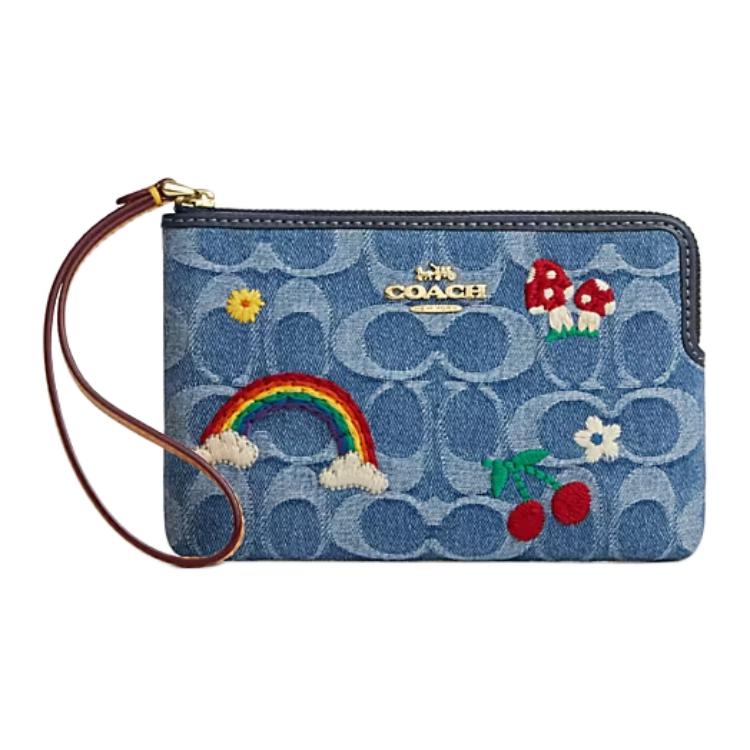 

Coach 16 Classic Logo Top Zip Fabric Lined Wristlet Denim Handbag Small Women Handbag Mixed-Indigo CDF35-IMUOI Basic Set (Bag+Dust Bag)