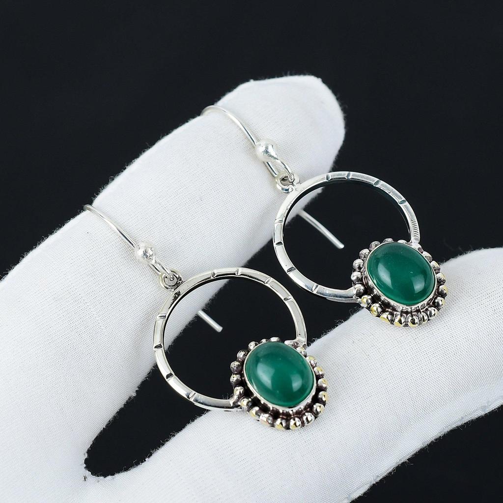 Natürliche grüne Onyx Edelstein Ohrringe, 925 Sterlingsilber Ohrringe, Handgefertigter Boho Silberschmuck Hängeohrringe, Jubiläumsgeschenke