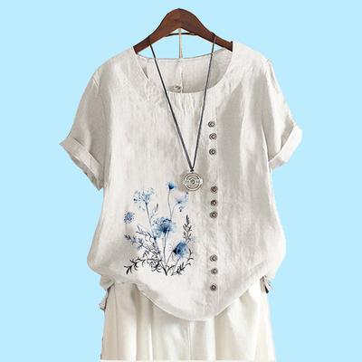 Women Fashion Short Sleeve Top Laides Cotton Linen Blouse Summer&fall Fashion Floral Print Loose T-shirt