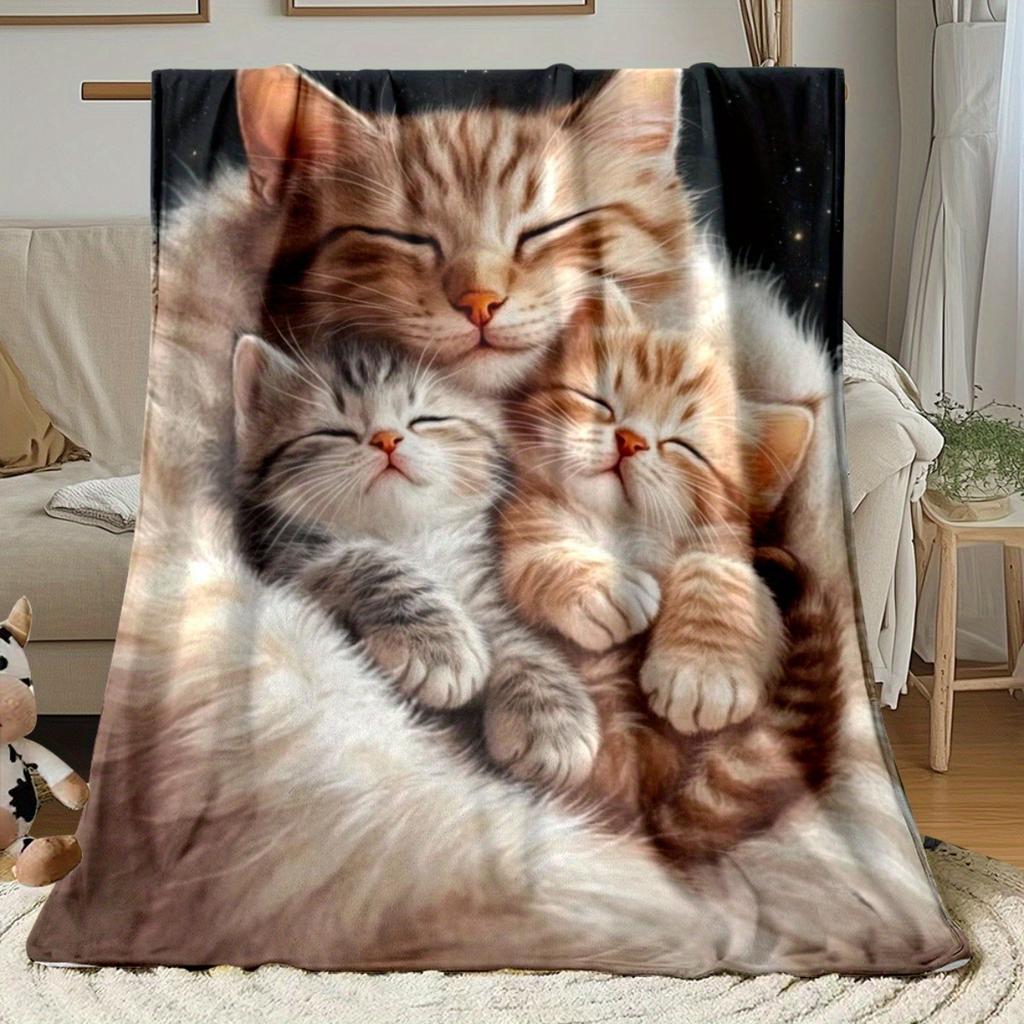 Mother Cat And Kittens Fleece Blanket Sleeping Cats Print Throw Soft Cozy All Season Bedding Home Decor Gift For Cat Lovers