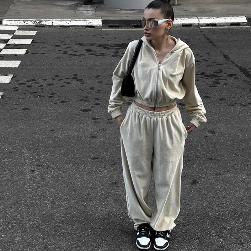 Womens Street Style Tracksuit Long Sleeve Zip Up Hoodie Elastic Waist Pants Two Piece Set