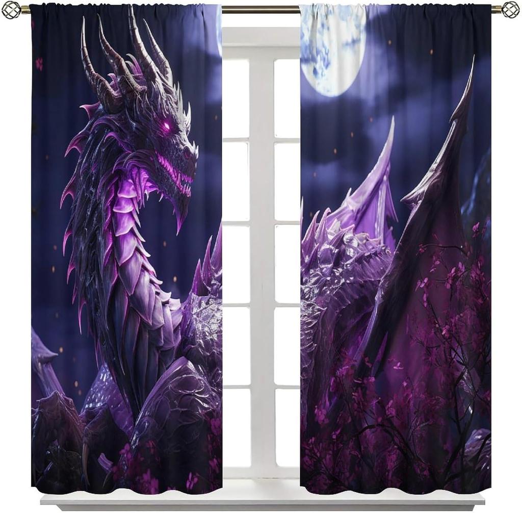Dragon Curtains for Bedroom  Mystic Courage Fantasy Purple Night Sky Legend Epic Treasure Spitting Fire Dragon Window Drapes Prin