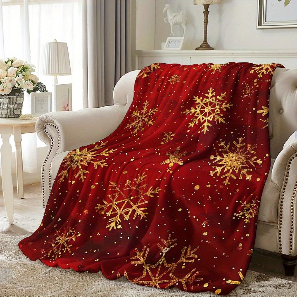 1pc Red & Golden Snowflake Print Flannel Blanket Soft Warm All-Season Luxury Throw for Couch Bed Travel Elegant Winter Design