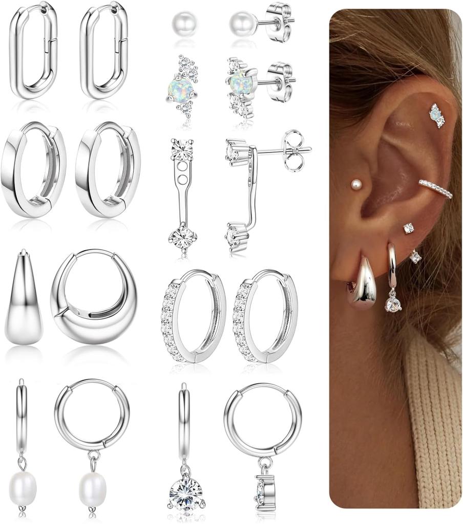 Bobisty  9Pairs 14K Gold Plated Hoop Earring Stacks for Women Stud Hoop Earrings Stainless Steel Cartilage Earring Sets Piercing