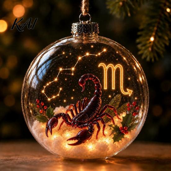 Decorative Spheres for Home Lighted Zodiac Christmas Ornament, Glowing Sign Ball with Warm LED, Acrylic Xmas Balls Party 3D Clear Hanging Pendant Tree