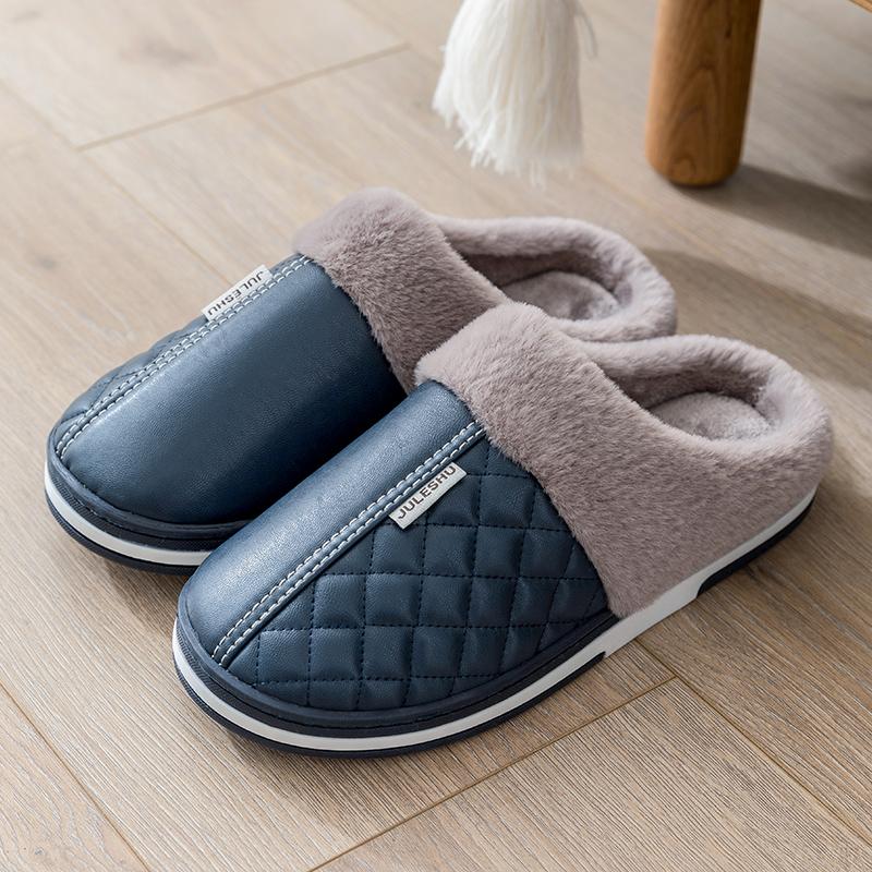 Cotton slippers men's autumn and winter indoor home household waterproof non-slip plush warm plush leather slippers